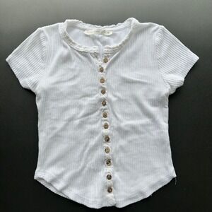 Altar'd State Ribbed Button Front Top Girls XS White Lace Trim Excellent